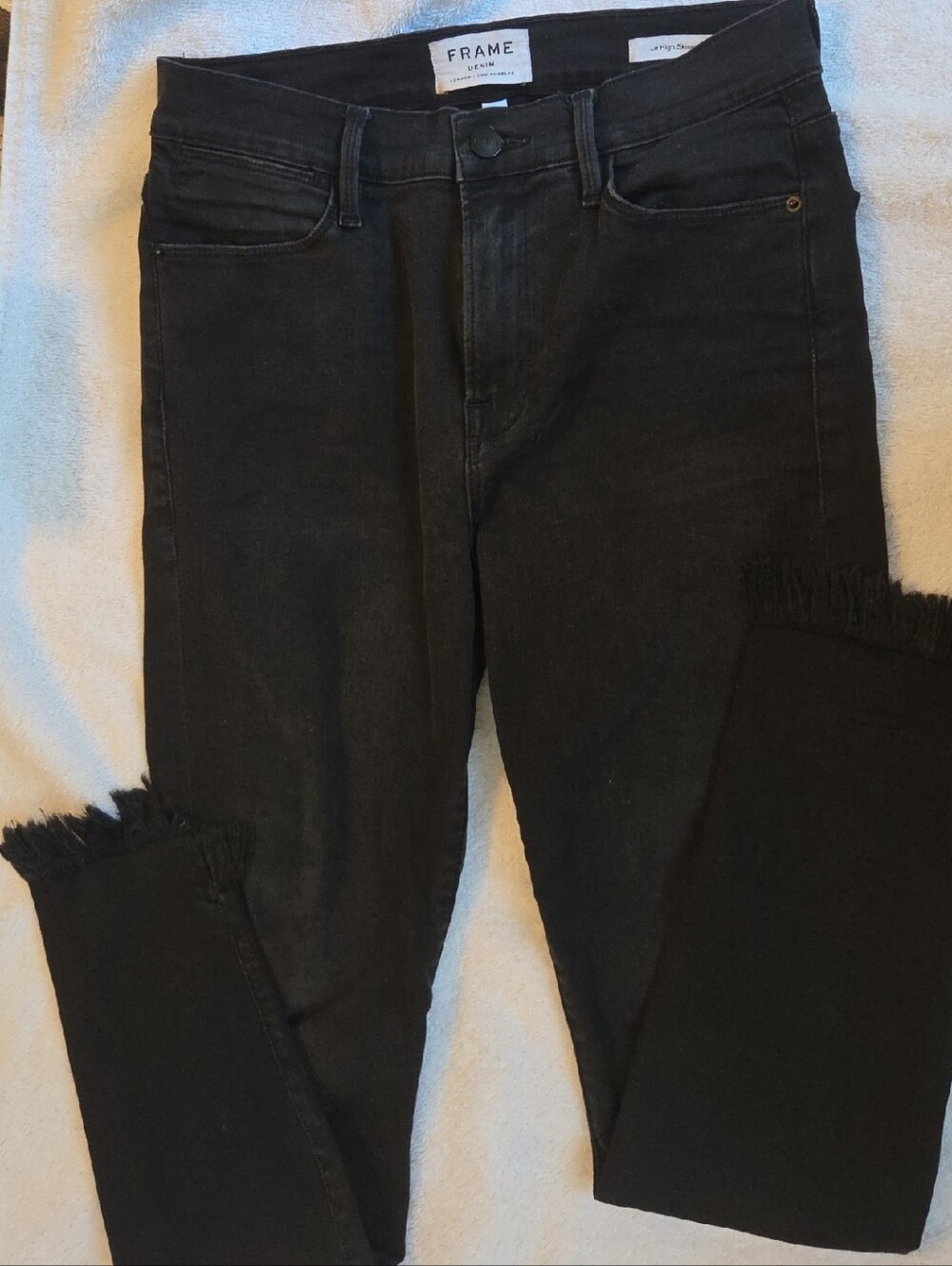 Frame Denim Black Skinny Jeans with Raw Hem